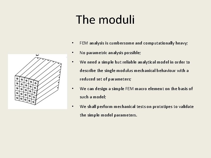 The moduli • FEM analysis is cumbersome and computationally heavy; • No parametric analysis