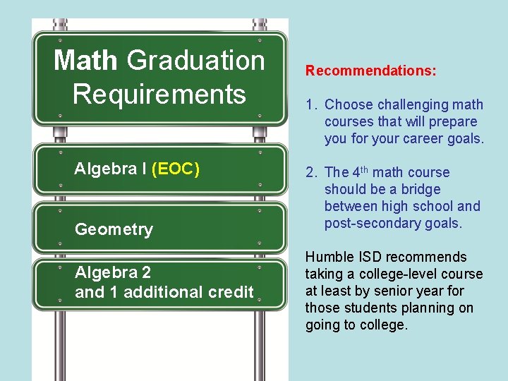 Math Graduation Requirements Algebra I (EOC) Geometry Algebra 2 and 1 additional credit Recommendations: