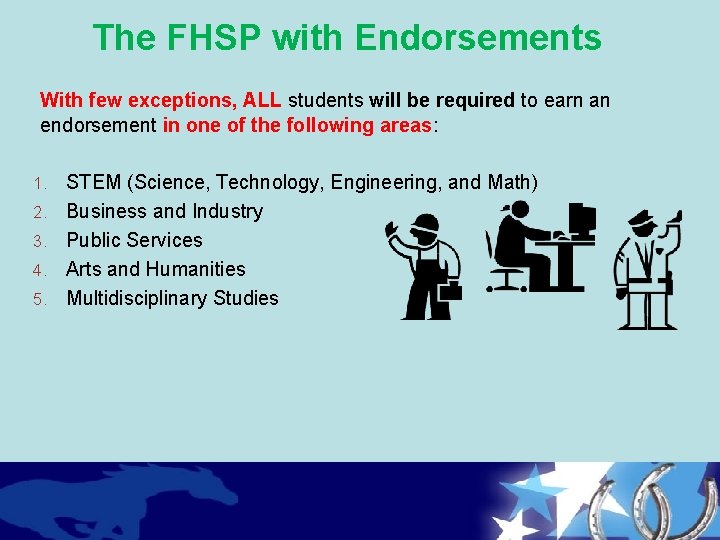 The FHSP with Endorsements With few exceptions, ALL students will be required to earn