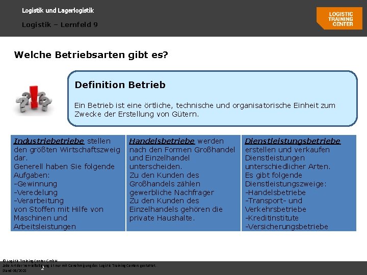 Logistik und Lagerlogistik Logistik – Lernfeld 9 Welche Betriebsarten gibt es? Definition Betrieb Ein