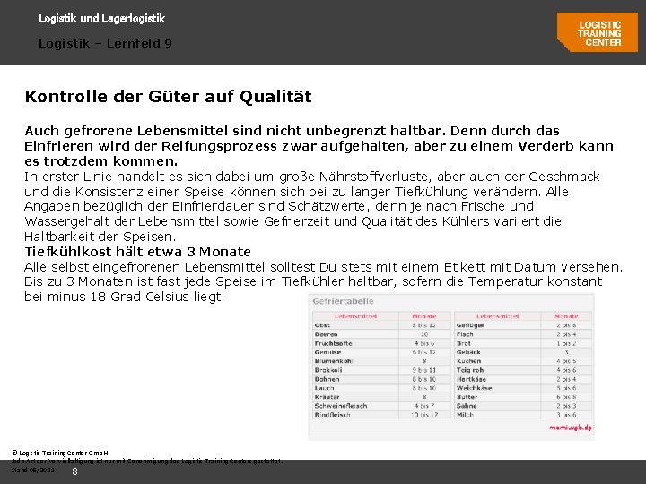 Logistik und Lagerlogistik Logistik – Lernfeld 9 Kontrolle der Güter auf Qualität Auch gefrorene