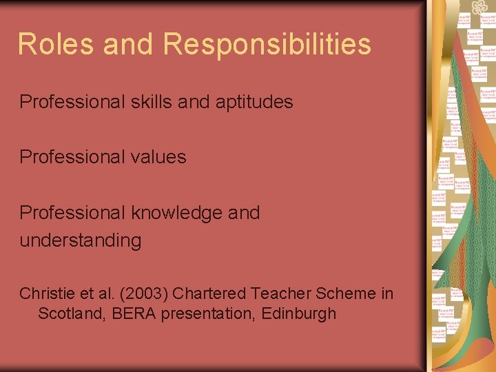 Roles and Responsibilities Professional skills and aptitudes Professional values Professional knowledge and understanding Christie Roles and Responsibilities Professional skills and aptitudes Professional values Professional knowledge and understanding Christie