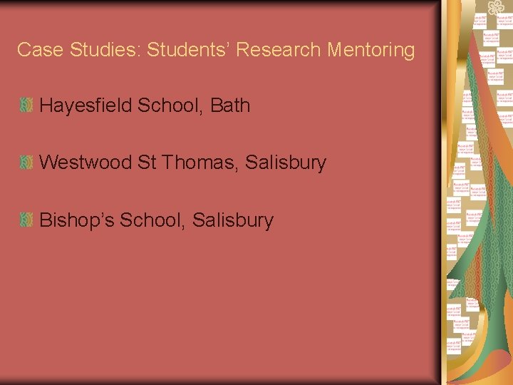 Case Studies: Students’ Research Mentoring Hayesfield School, Bath Westwood St Thomas, Salisbury Bishop’s School, Case Studies: Students’ Research Mentoring Hayesfield School, Bath Westwood St Thomas, Salisbury Bishop’s School,