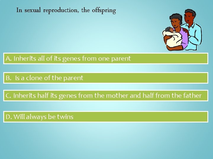 In sexual reproduction, the offspring A. Inherits all of its genes from one parent