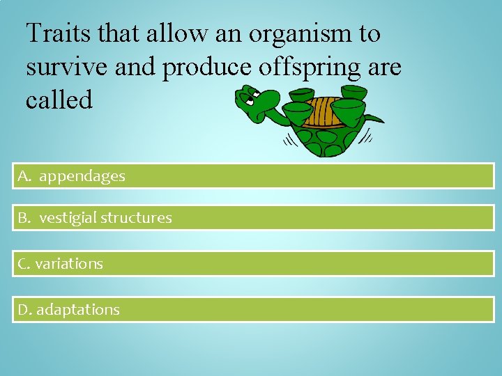 Traits that allow an organism to survive and produce offspring are called A. appendages