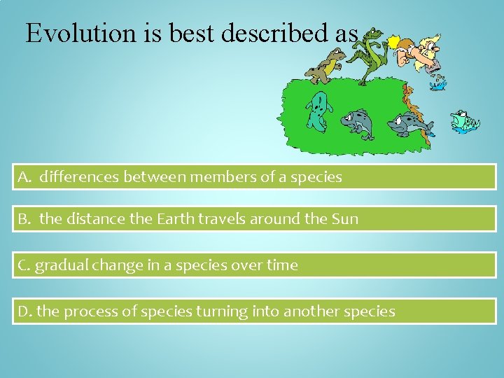 Evolution is best described as A. differences between members of a species B. the