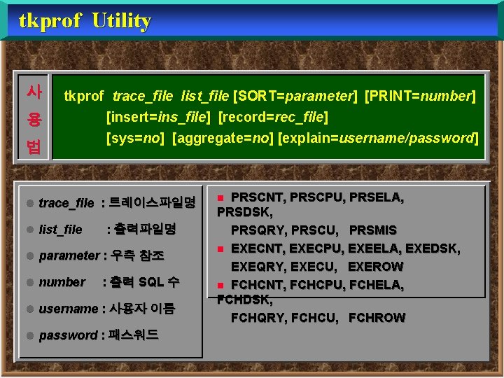 tkprof Utility 사 용 법 tkprof trace_file list_file [SORT=parameter] [PRINT=number] [insert=ins_file] [record=rec_file] [sys=no] [aggregate=no]