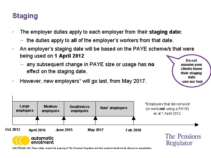 Staging • The employer duties apply to each employer from their staging date: –