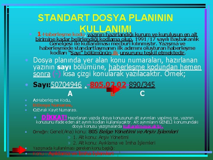  • STANDART DOSYA PLANININ KULLANIMI 1 -Haberleşme kodu, yazının hazırlandığı kurum ve kuruluşun