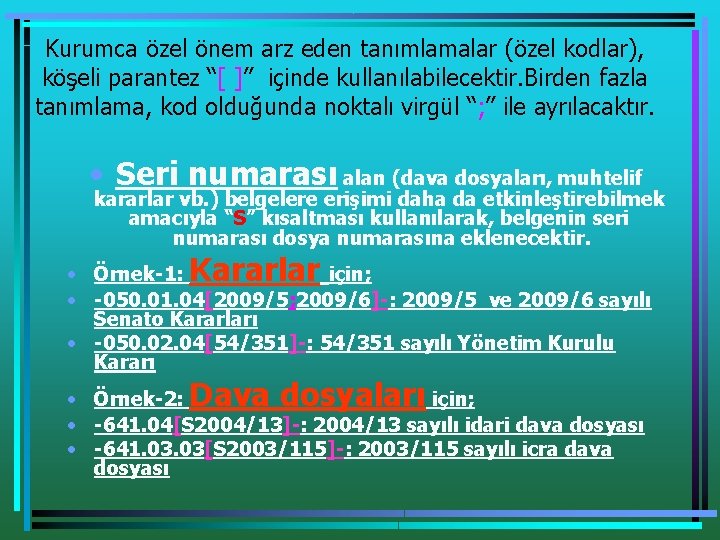 Kurumca özel önem arz eden tanımlamalar (özel kodlar), köşeli parantez “[ ]” içinde kullanılabilecektir.