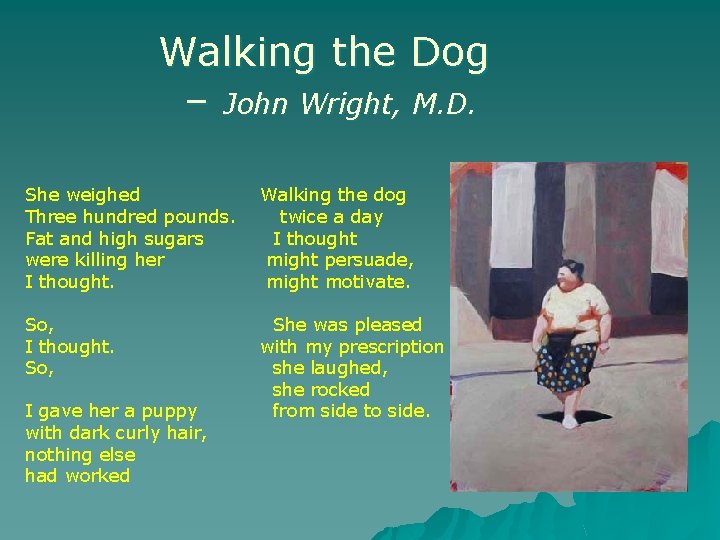 Walking the Dog – John Wright, M. D. She weighed Three hundred pounds. Fat