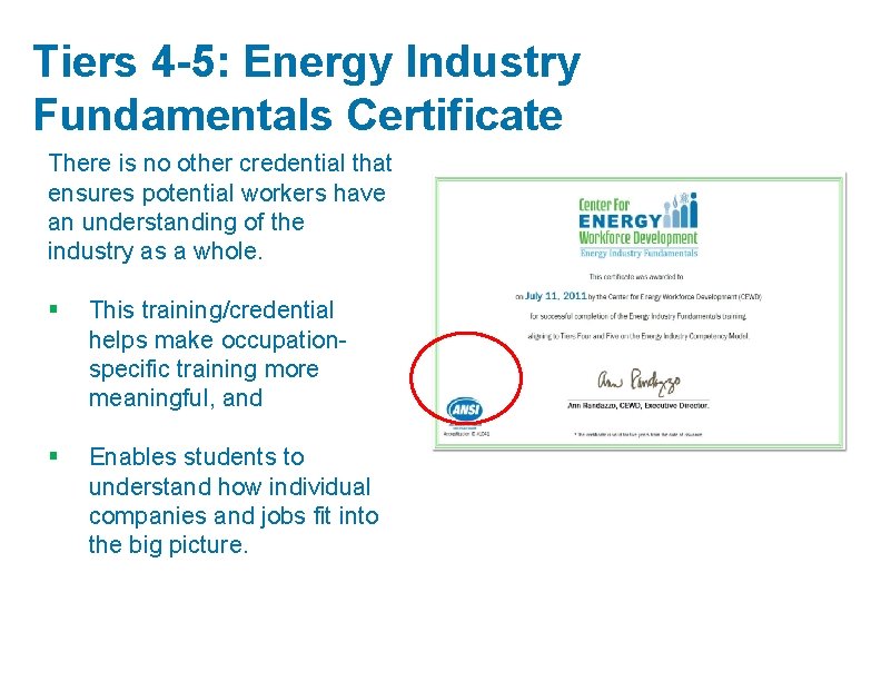 Tiers 4 -5: Energy Industry Fundamentals Certificate There is no other credential that ensures
