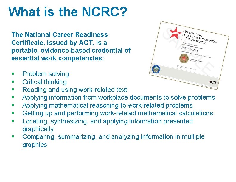 What is the NCRC? The National Career Readiness Certificate, issued by ACT, is a
