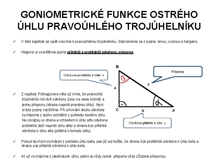 GONIOMETRICKÉ FUNKCE OSTRÉHO ÚHLU PRAVOÚHLÉHO TROJÚHELNÍKU ü V této kapitole se opět vracíme k