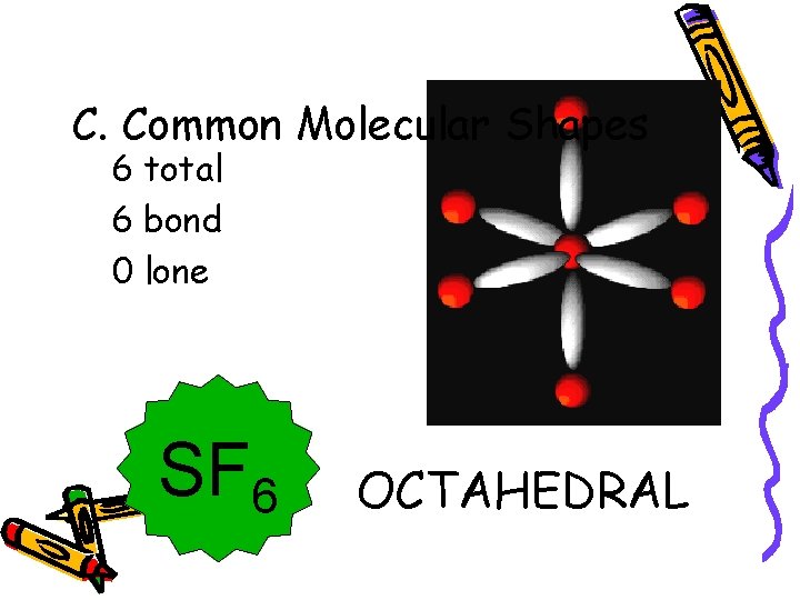 C. Common Molecular Shapes 6 total 6 bond 0 lone SF 6 OCTAHEDRAL 90°