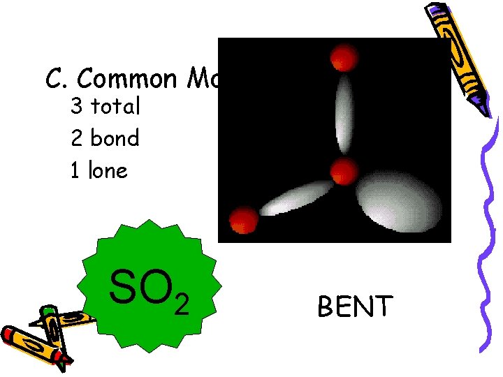 C. Common Molecular Shapes 3 total 2 bond 1 lone SO 2 BENT <120°