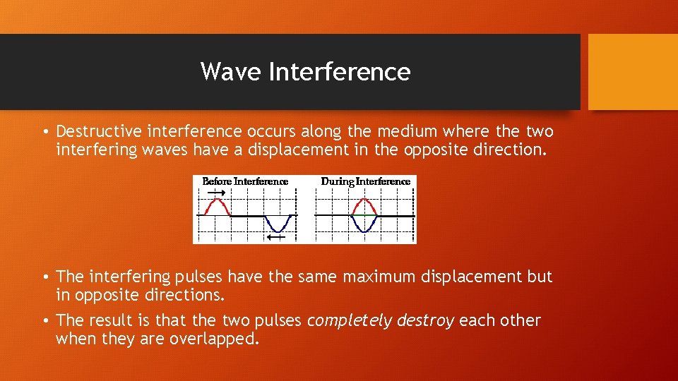 Wave Interference • Destructive interference occurs along the medium where the two interfering waves