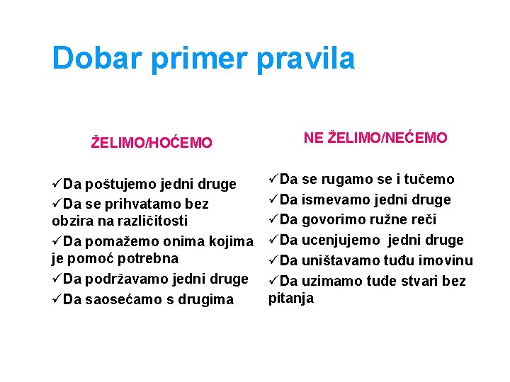 Dobar primer pravila ŽELIMO/HOĆEMO üDa poštujemo jedni druge üDa se prihvatamo bez obzira na