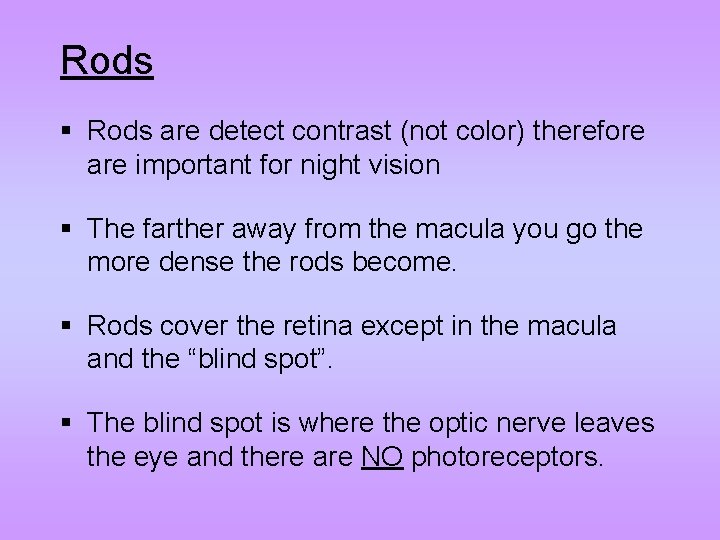 Rods § Rods are detect contrast (not color) therefore are important for night vision