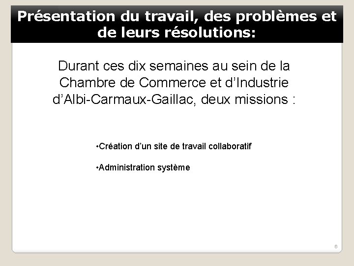 Présentation du travail, des problèmes et de leurs résolutions: Durant ces dix semaines au