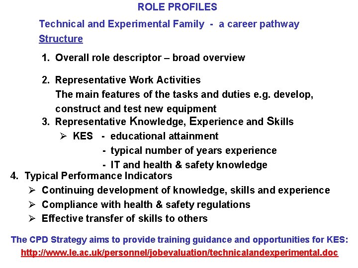 ROLE PROFILES Technical and Experimental Family - a career pathway Structure 1. Overall role