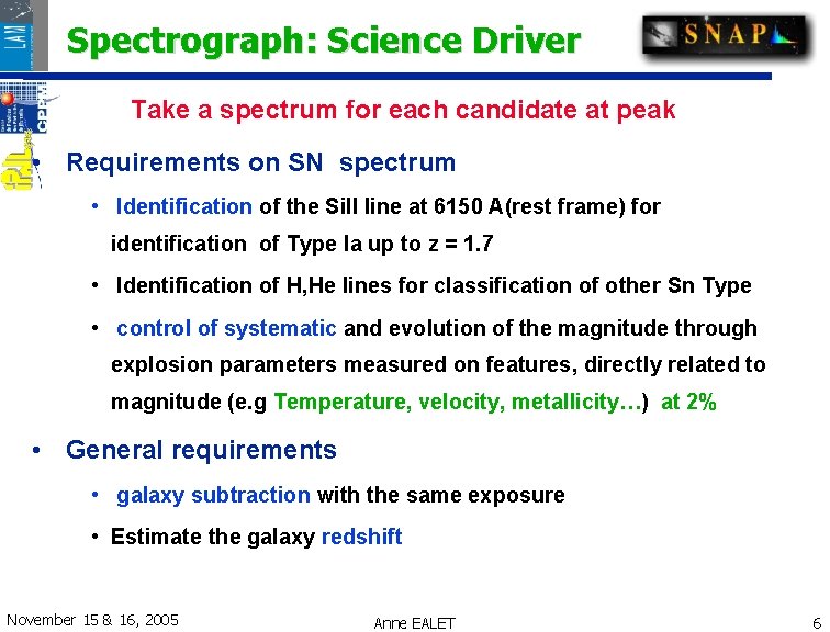 Spectrograph: Science Driver Take a spectrum for each candidate at peak • Requirements on Spectrograph: Science Driver Take a spectrum for each candidate at peak • Requirements on