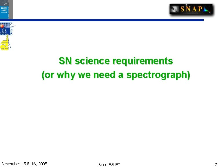SN science requirements (or why we need a spectrograph) November 15 & 16, 2005 SN science requirements (or why we need a spectrograph) November 15 & 16, 2005