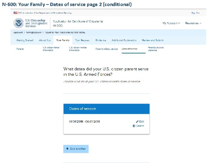 N-600: Your Family – Dates of service page 2 (conditional) 