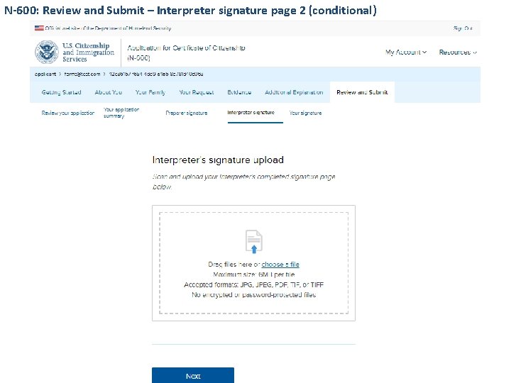 N-600: Review and Submit – Interpreter signature page 2 (conditional) 