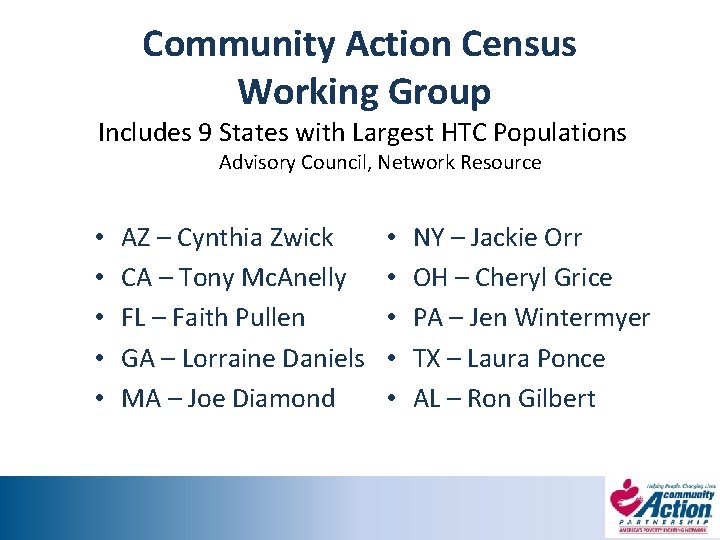 Community Action Census Working Group Includes 9 States with Largest HTC Populations Advisory Council,
