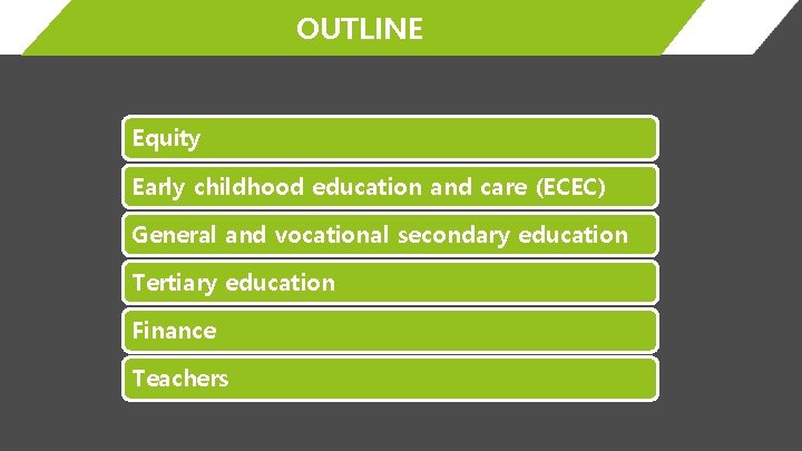 OUTLINE Equity Early childhood education and care (ECEC) General and vocational secondary education Tertiary
