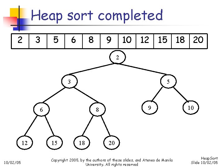 Heap sort completed 2 3 5 6 8 9 10 12 15 18 20