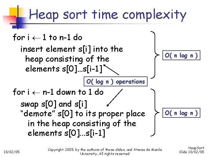 Heap sort time complexity for i 1 to n-1 do insert element s[i] into