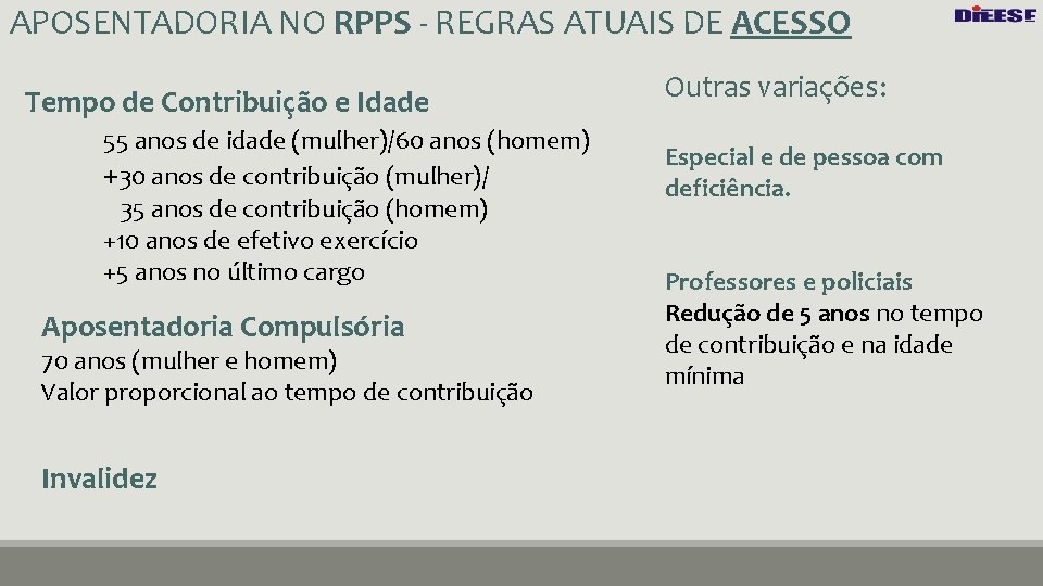 APOSENTADORIA NO RPPS - REGRAS ATUAIS DE ACESSO Tempo de Contribuição e Idade 55