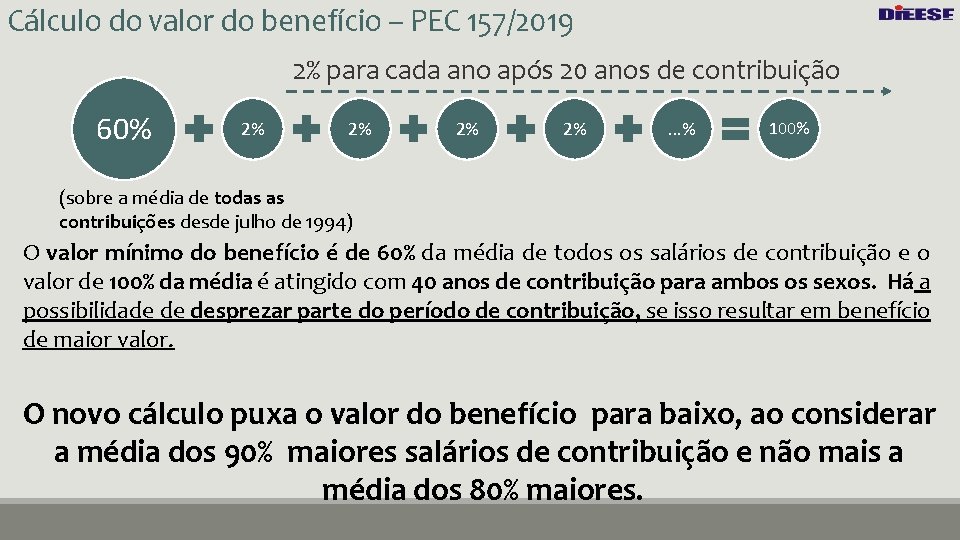 Cálculo do valor do benefício – PEC 157/2019 2% para cada ano após 20