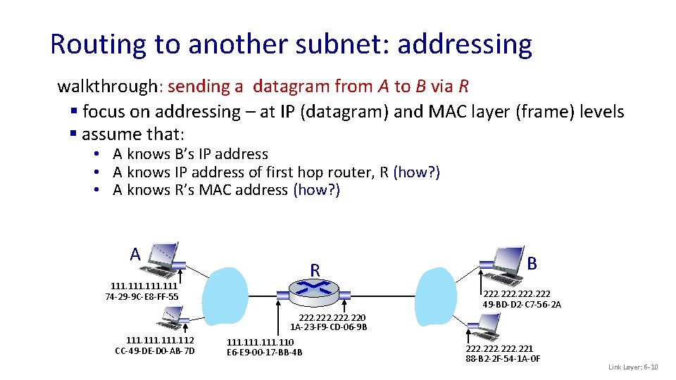 Routing to another subnet: addressing walkthrough: sending a datagram from A to B via