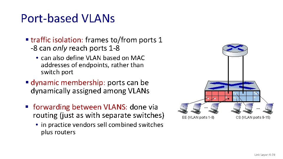 Port-based VLANs § traffic isolation: frames to/from ports 1 -8 can only reach ports