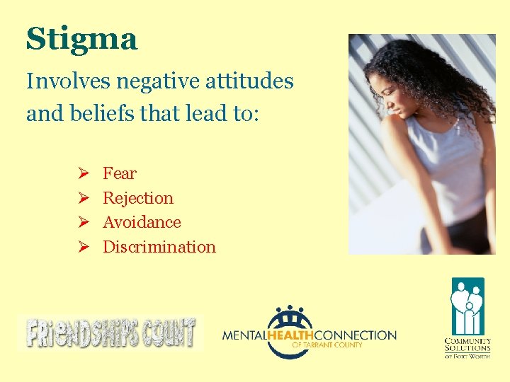 Stigma Involves negative attitudes and beliefs that lead to: Ø Ø Fear Rejection Avoidance