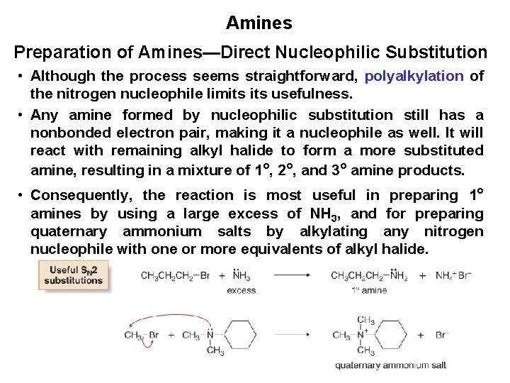 Amines Preparation of Amines—Direct Nucleophilic Substitution • Although the process seems straightforward, polyalkylation of