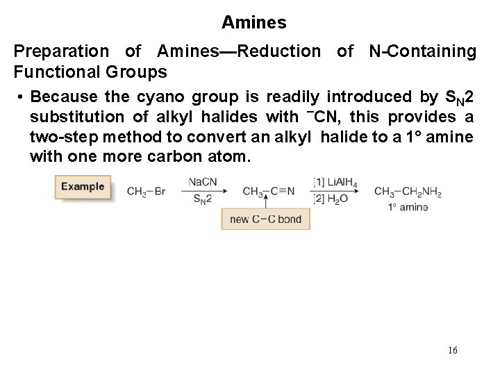 Amines Preparation of Amines—Reduction of N-Containing Functional Groups • Because the cyano group is