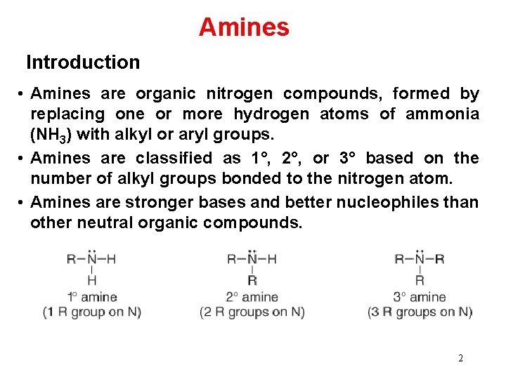 Amines Introduction • Amines are organic nitrogen compounds, formed by replacing one or more