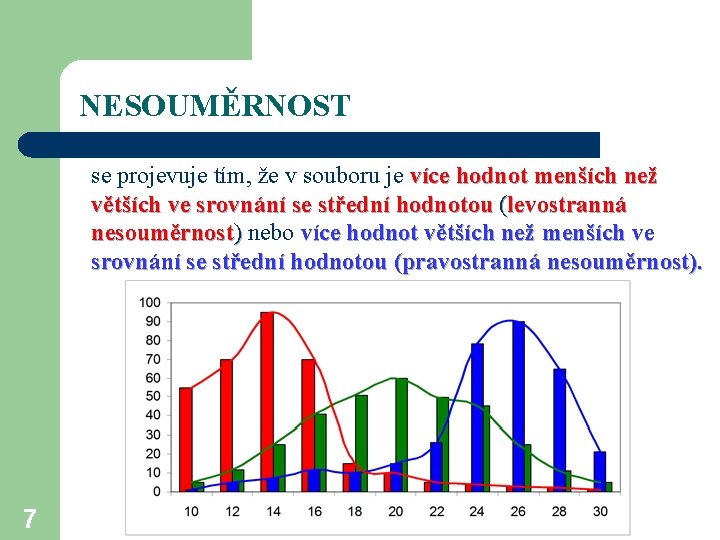 NESOUMĚRNOST se projevuje tím, že v souboru je více hodnot menších než větších ve