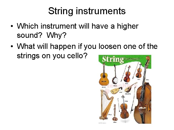 String instruments • Which instrument will have a higher sound? Why? • What will
