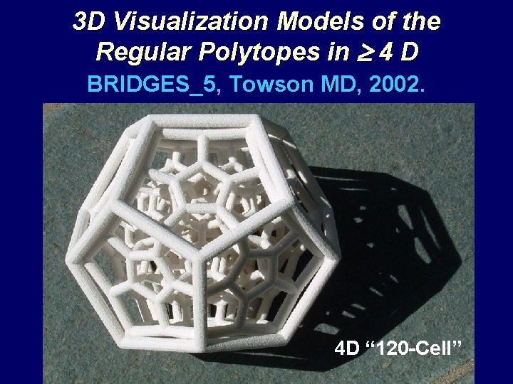 3 D Visualization Models of the Regular Polytopes in 4 D BRIDGES_5, Towson MD,