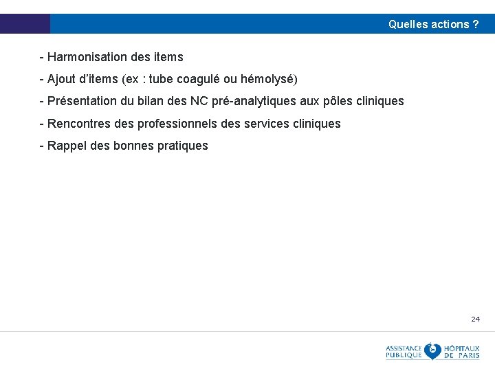 Quelles actions ? - Harmonisation des items - Ajout d’items (ex : tube coagulé