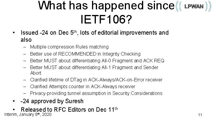 What has happened since IETF 106? • Issued -24 on Dec 5 th, lots