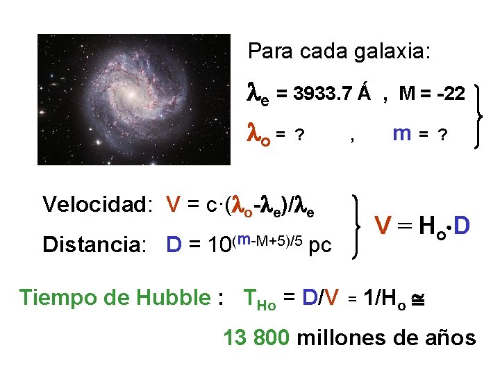 Para cada galaxia: e = 3933. 7 Ǻ o = ? Velocidad: V =