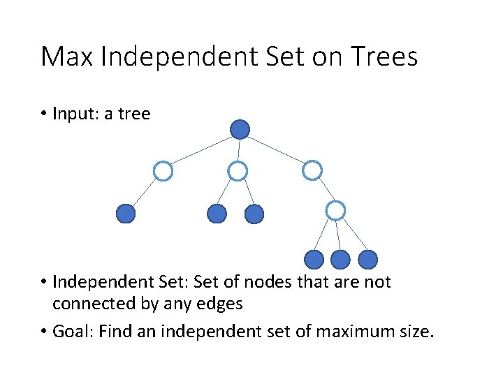 Max Independent Set on Trees • Input: a tree • Independent Set: Set of
