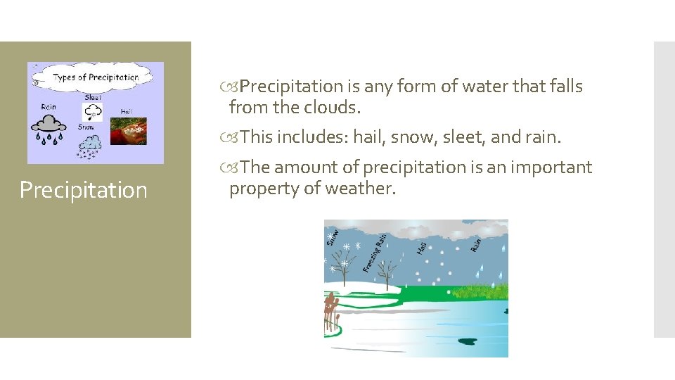 Precipitation is any form of water that falls from the clouds. This includes: hail,