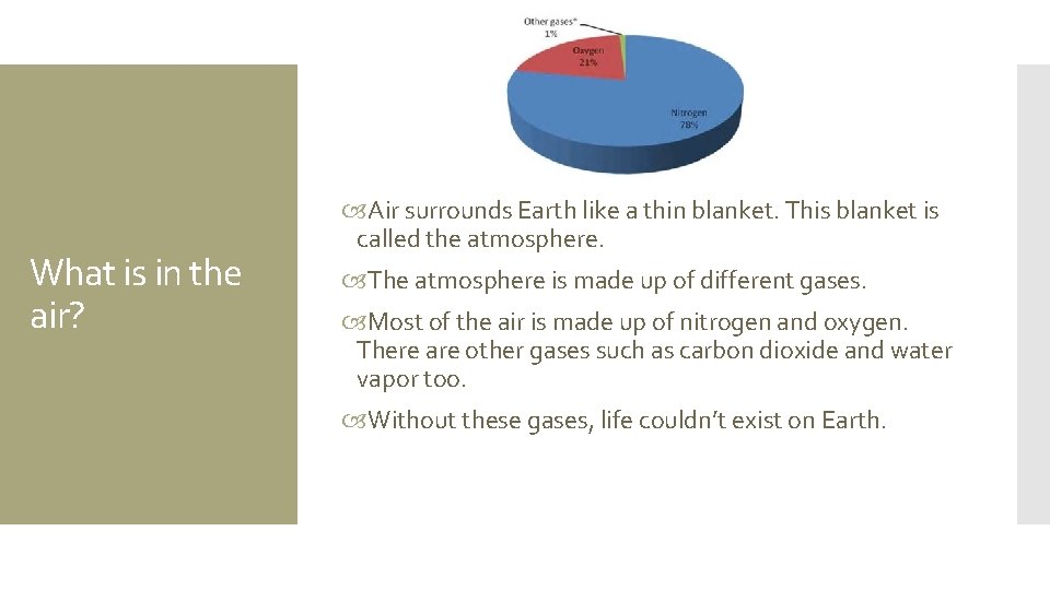 What is in the air? Air surrounds Earth like a thin blanket. This blanket